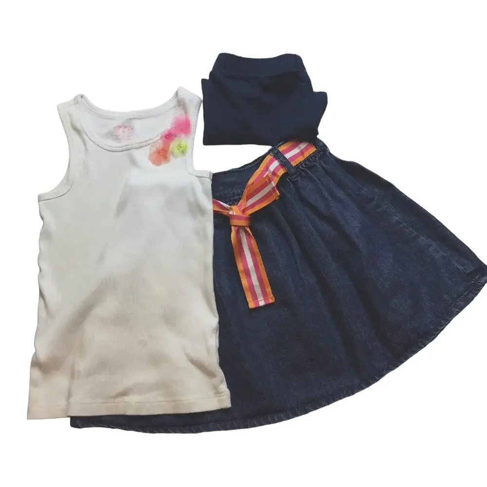 Girls 4T 3 Piece Carter's Outfit White Floral Tank Denim Skirt Navy Shorts